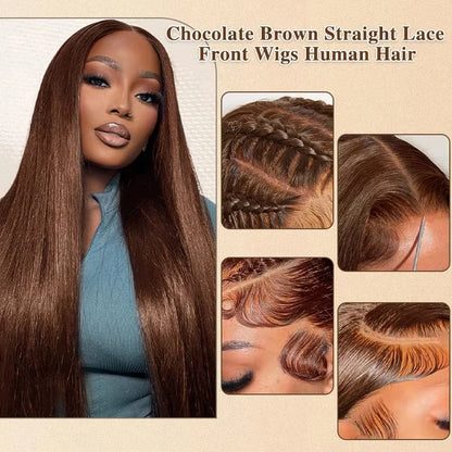 Bone Straight Chocolate Brown Lace Front Human Hair Wigs For Women Pre Plucked 13x4 13x6 Hd Transparent Colored Lace Frontal Wig