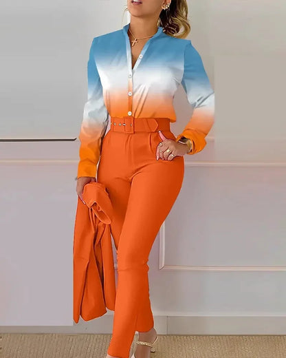 Women's Shirt 2 Pieces Suit Set 2024 Fall Print V Neck Long Sleeve Top Casual High Waist Pockets Work Female Clothes Pants Set