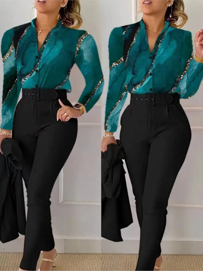 Women's Shirt 2 Pieces Suit Set 2024 Fall Print V Neck Long Sleeve Top Casual High Waist Pockets Work Female Clothes Pants Set Emerald Green
