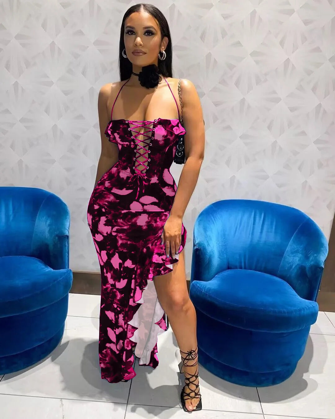 Dulzura Tie Dye Print Lace Up Side Slit Midi Dress For Women Ruffle Long Dress Bodycon Sexy Party Club Outfits 2024 Summer Y2K