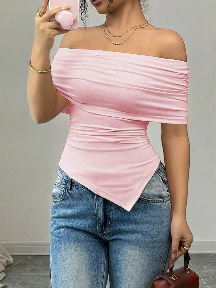 Women New T-shirt Summer Fashion Slash Neck Streetwear Casual Slim Versatile Tees Solid Sexy Off Shoulder Elegant Lady Clothing Pink