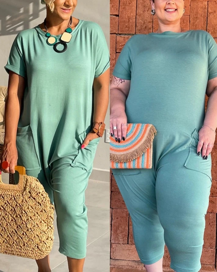 Round neck short sleeved pocket design jumpsuit for women, fashionable and casual casual loose cropped pants for women Badiee Stylez