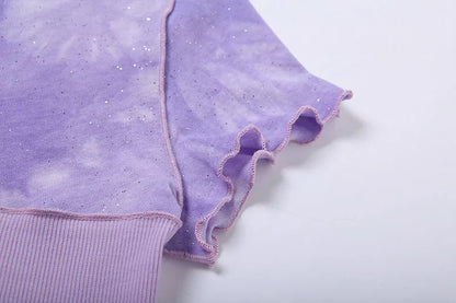 Chic Crop Tops Tees Tie Dye With Sequin Patchwork Women Summer T-shirts Ruffles Hem Purple Or Bule Clothes