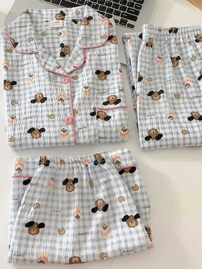 Summer Cloud Cotton Spwear Set Women's ort Sve Long Pants Home Clothes Cartoon Print Comfortable Breathable Nightgown