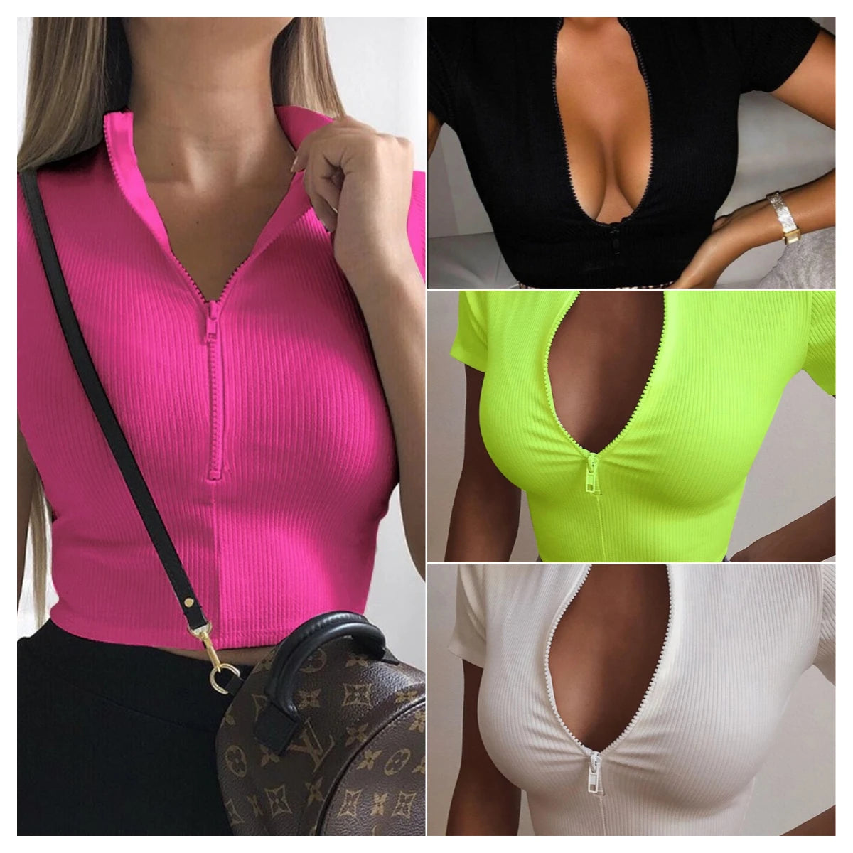 Women's Clothing New Stand-Up Collar Zipper Short-Sleeved T-Shirt Girls Chest Revealing Navel Slim Tight Sexy Comfortable Sports
