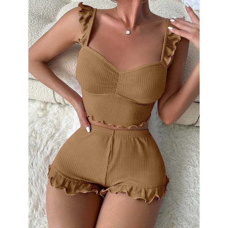 Women's Two-Piece Pajamas Set Summer Sexy Solid Ruffles Camisole And Shorts Pyjamas Set Sleepwear