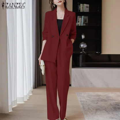 ZANZEA Korean Fashion Blazer Tops 2pcs Suits Autumn 2024 Solid Color Women Elegant Pant Sets Trousers Commute Blazer Suits