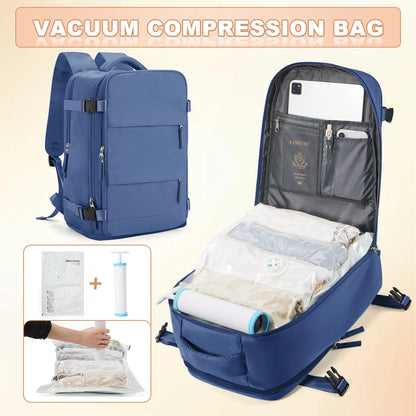 Ryanair 40x25x20 Travel Backpack Large Capacity Foldable Hiking Bag with Vacuum Bags Manual Compression Pump, Storage Backpack Blue