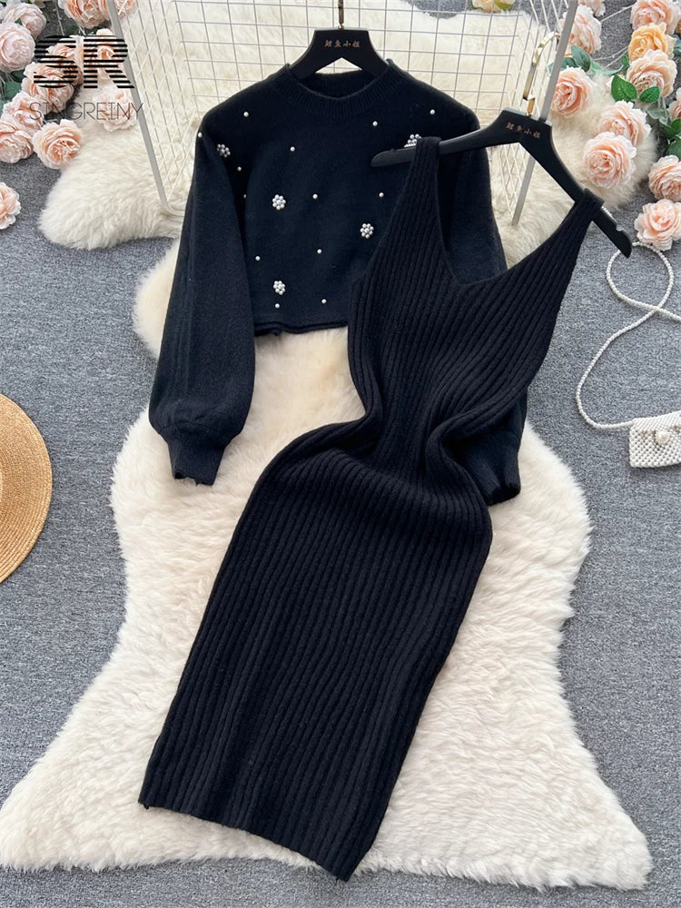 SINGREINY Beading Casual Two Piece Set Women Long Sleeve O Neck Pullover Midi Dress Fashion 2023 Winter Sweater Suit Dresses Badiee Stylez