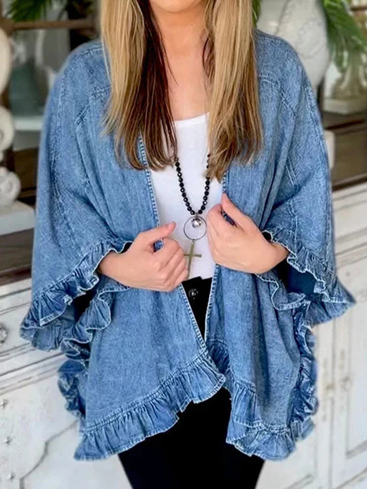 Women Plus Size Denim Jacket Splicing Pocket Ruffle 3/4 Sleeves Loose Irregular Hem Washed Summer 2025 Vintage Female Cardigans Blue