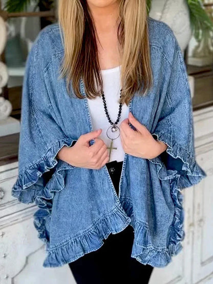 Women Plus Size Denim Jacket Splicing Pocket Ruffle 3/4 Sleeves Loose Irregular Hem Washed Summer 2025 Vintage Female Cardigans Blue