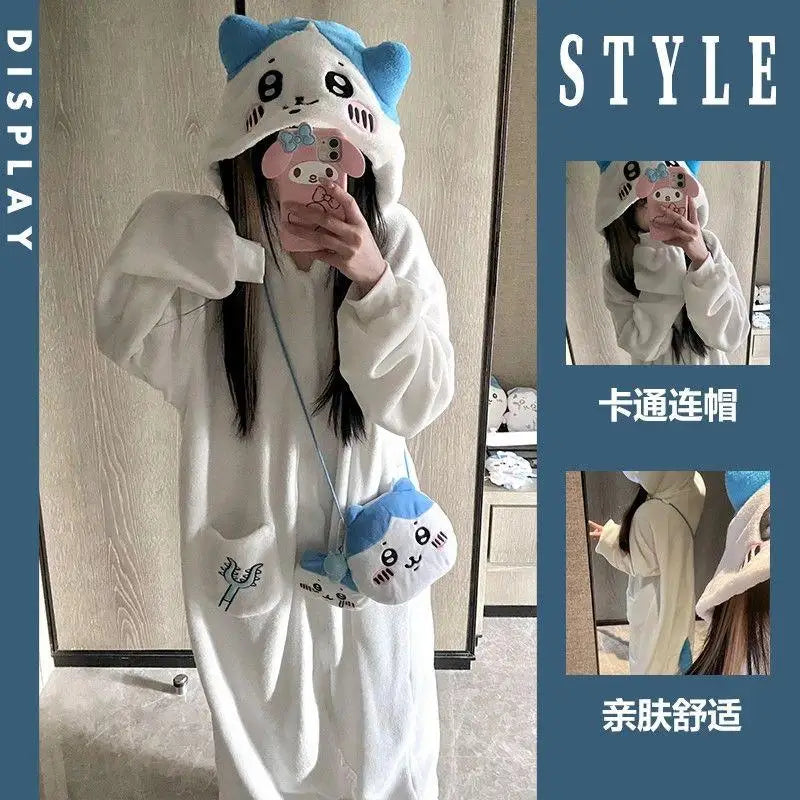 Kawaii Chiikawacoral Velvet Hooded Pajamas for Girls New Cute Cartoon Hachiware Usagi Women's Velvet Home Clothes Autumn Winter