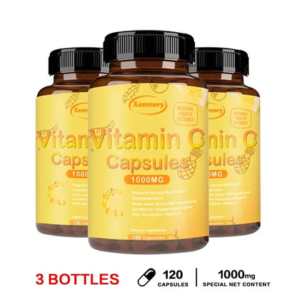 Vitamin C Capsules - Immune Support, for Cellular Energy Production, Improve Skin Brightening, Skin, Teeth & Heart Health 120 Capsule-3bottles