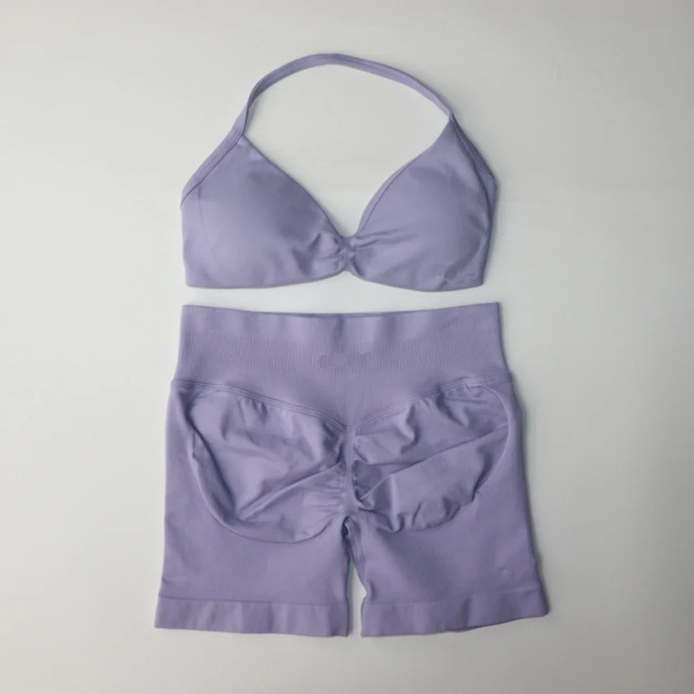 Impact Gym Set Women Two Piece Strappy Yoga Bra Top Workout Scrunch Shorts Suit Fitness Clothes Seamless Sportswear Workout Set light purple