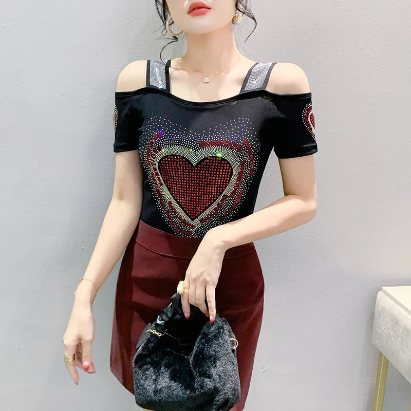 Aoxison Summer Short Sleeved Women's T-Shirt Elegant Slim Shiny Love Heart Diamonds Mesh Tops Chic Girl Sexy Off Shoulder Tees Black
