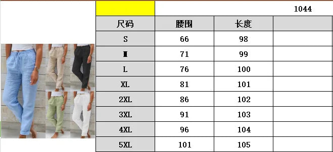 Women Cotton Linen Pants Summer Female High Elastic Waist Drawstring Pocket Beachwear Holiday Straight Trousers JYFS-1044