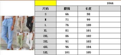 Women Cotton Linen Pants Summer Female High Elastic Waist Drawstring Pocket Beachwear Holiday Straight Trousers JYFS-1044