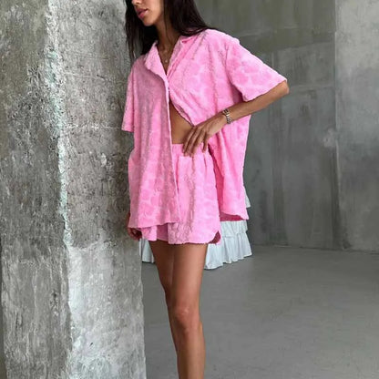 2025 Women's Soft 2PCS Pajama Sets Pink Color Loose Suit Elegant Sleepwear Sets Casual Lapel Short Sleeve Shirt + Shorts Outfits