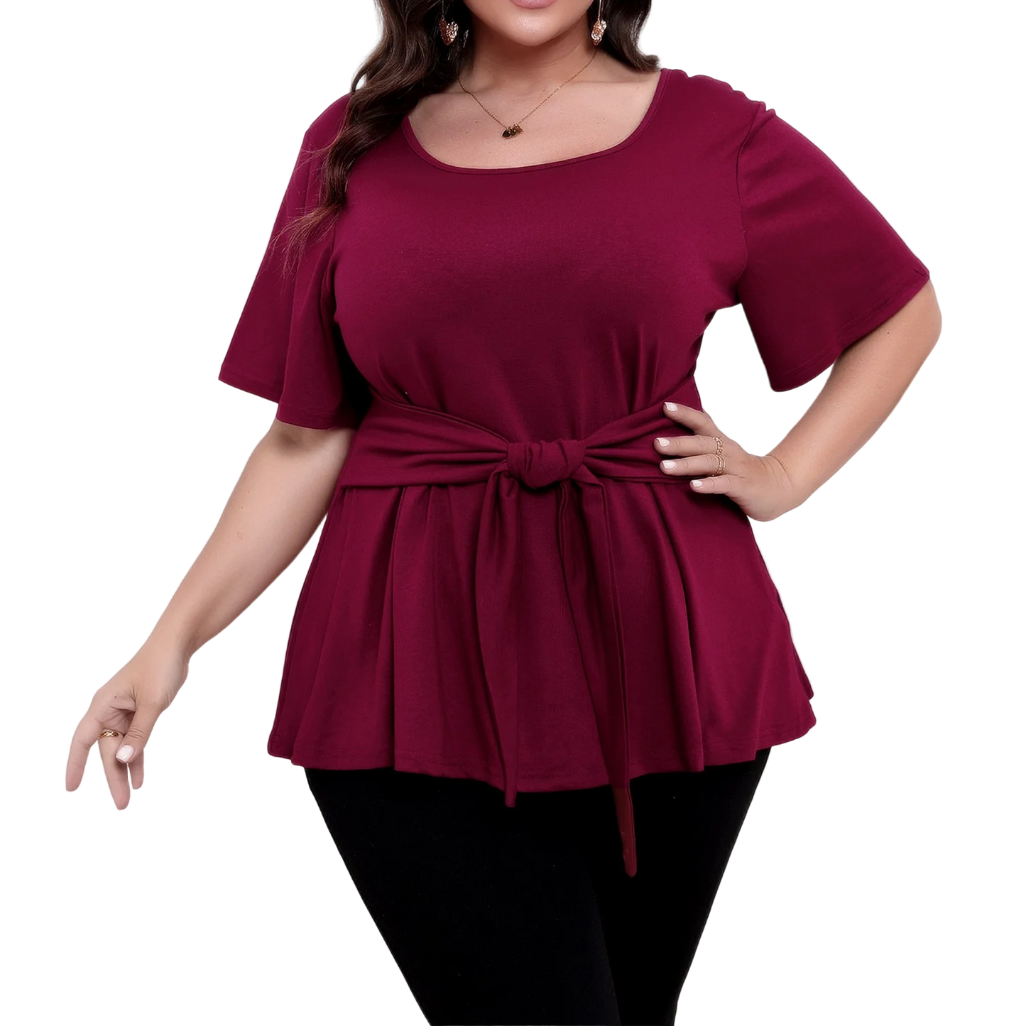 Plus size top women's short sleeve round neck belted t-shirts spring summer ladies casual T-shirt tops solid color pullover