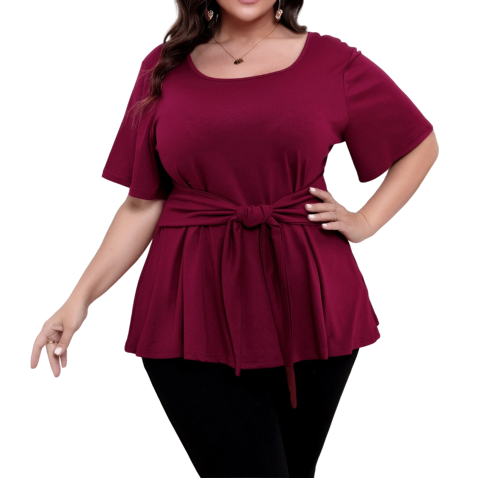 Plus size top women's short sleeve round neck belted t-shirts spring summer ladies casual T-shirt tops solid color pullover