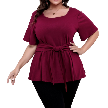 Plus size top women's short sleeve round neck belted t-shirts spring summer ladies casual T-shirt tops solid color pullover