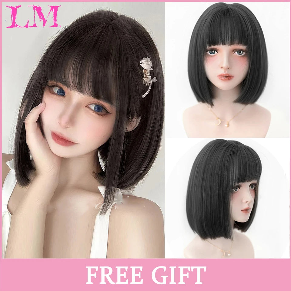 LM Long Silky Straight Synthetic Wigs with Bangs Black Cosplay Party Lolita Hair Wigs for Women Natural Heat Resistant Wig #30