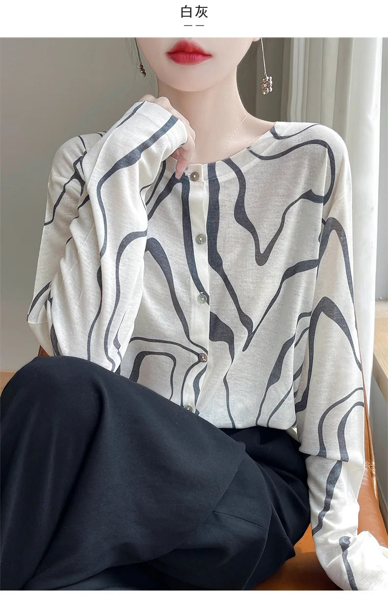 Spring And Summer New Lyocell Water-Soluble Wool Blended Round Neck Knit Cardigan Long Sleeve Feminine Sweater Printed Top