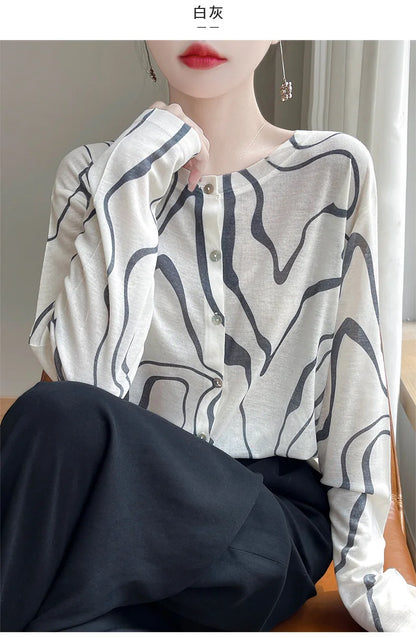 Spring And Summer New Lyocell Water-Soluble Wool Blended Round Neck Knit Cardigan Long Sleeve Feminine Sweater Printed Top