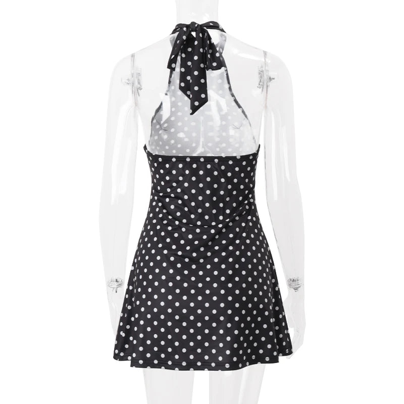 Candyhot Polka Dot Elegant Off Shoulder Sleeveless Backless High Waist Halter Mini Dress Y2K Summer Fashion Club Party Vestidos