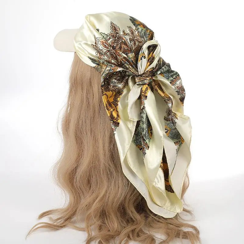 Outdoor Satin Silk Headscarf Hat with Brim 2-in-1 Sun Hat and Headband Elegant Printed Square Scarf Cap