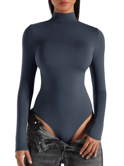Women's Turtle Neck Long Sleeve Bodysuits Basic Slim Fit Double Lined Lightweight Layering Fall Winter Tops dark blue
