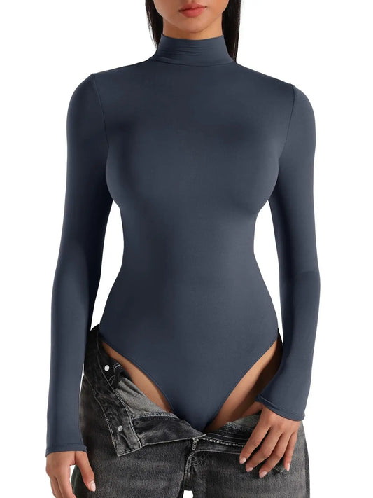 Women's Turtle Neck Long Sleeve Bodysuits Basic Slim Fit Double Lined Lightweight Layering Fall Winter Tops dark blue