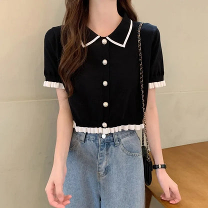 Sweet Women Shirt Korean Knitted Turn Down Collar Chic Short Sleeve Female Blouse Summer Retro Slim All Match Ladies Crop Tops