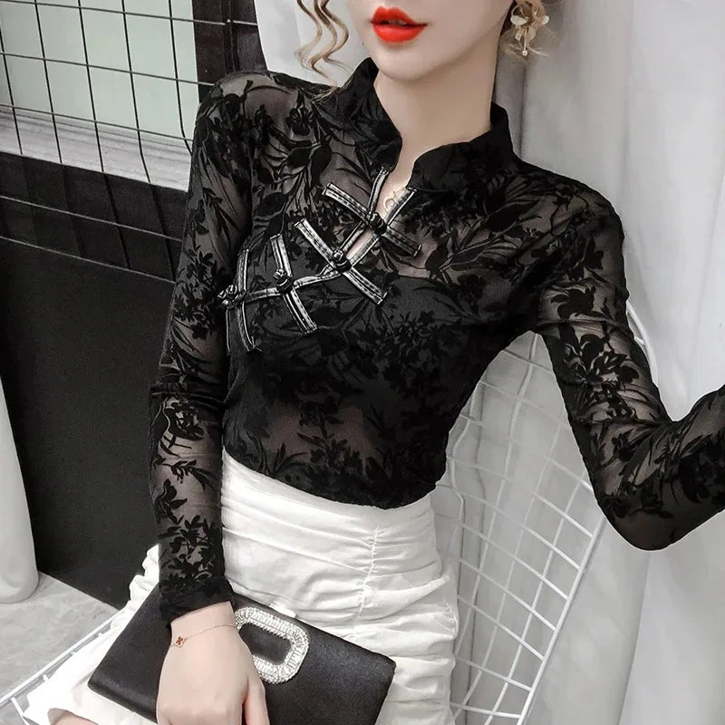 Elegant Chinese Style Mesh Lace Bottoming Shirt Casual Hollow Slim Woman's Shirt Vintage Long Sleeve Sexy Mesh Tops Blusas 11010