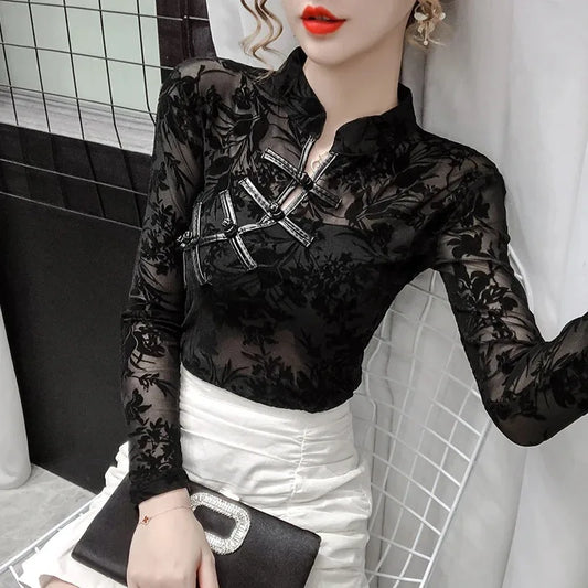 Elegant Chinese Style Mesh Lace Bottoming Shirt Casual Hollow Slim Woman's Shirt Vintage Long Sleeve Sexy Mesh Tops Blusas 11010