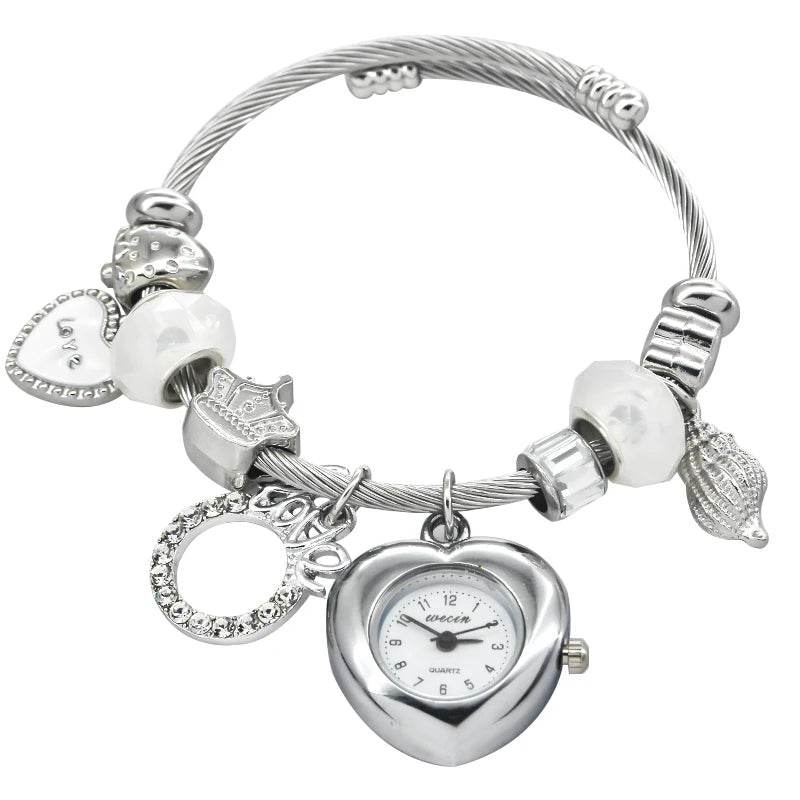 Fashion Women's Bracelet Watch Love with stylish decor refined round quartz watch silvery casual elegance