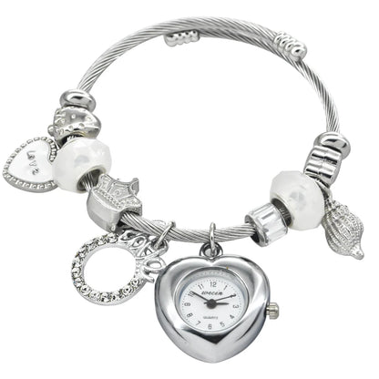 Fashion Women's Bracelet Watch Love with stylish decor refined round quartz watch silvery casual elegance