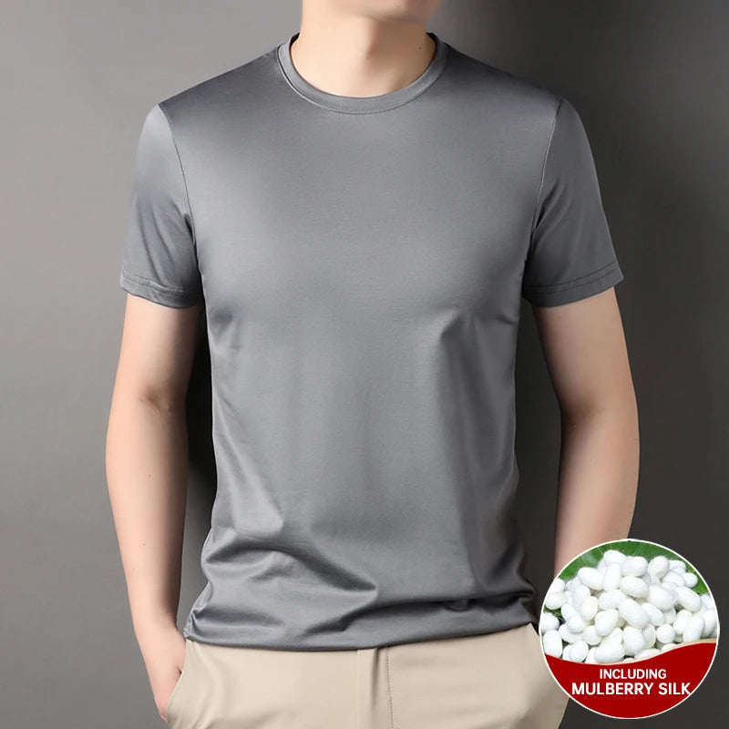 Top Grade 1.7% Mulberry Silk New Brand Tops Round Neck t Shirts For Men 2025 Summer Short Sleeve Casual Fashion Mens Clothing Dark Grey