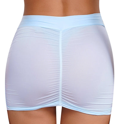 Womens Sexy Bodycon Mini Skirt Ruched Elastic Bands Semi-Sheer Skirt Hip Wrap Lingerie Nightwear Pencil Pole Skirt for Nightclub