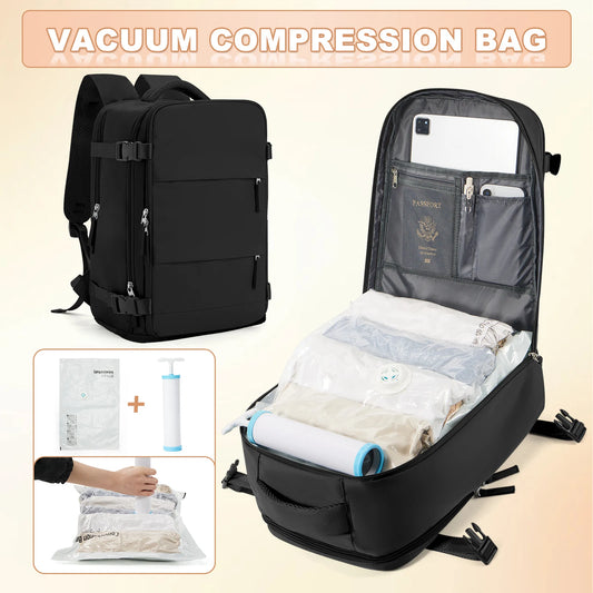 Ryanair 40x25x20 Travel Backpack Large Capacity Foldable Hiking Bag with Vacuum Bags Manual Compression Pump, Storage Backpack Black