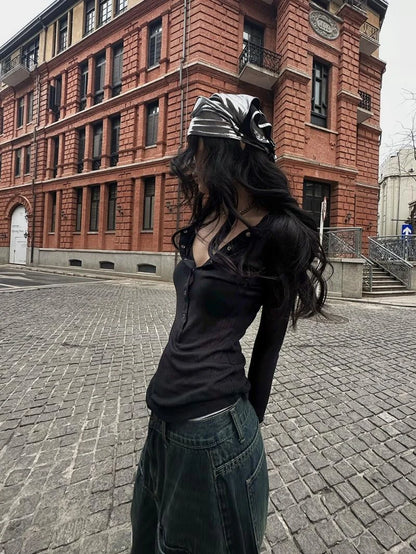 Gothic Y2k Aesthetic Women Sexy Hollow Out T-shirt Vintage Lace Patchwork Streetwear Grunge Tops Harajuku Slim Fit Black Tees 899 Black