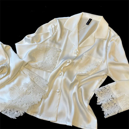 Pyjama Woman Silk Satin Sleepwear For Sleeping Clothes New Fashion Lace Home Clothing Women's Pajamas Suit Femme Nightwear white
