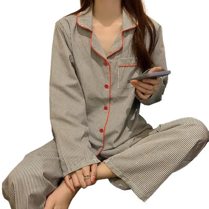 2PCS/Set Women's Long Sleeve Loose Breathable Student Sleepwear Loungewear Cardigan Gray Striped Girl Fashion Pajamas Homewear