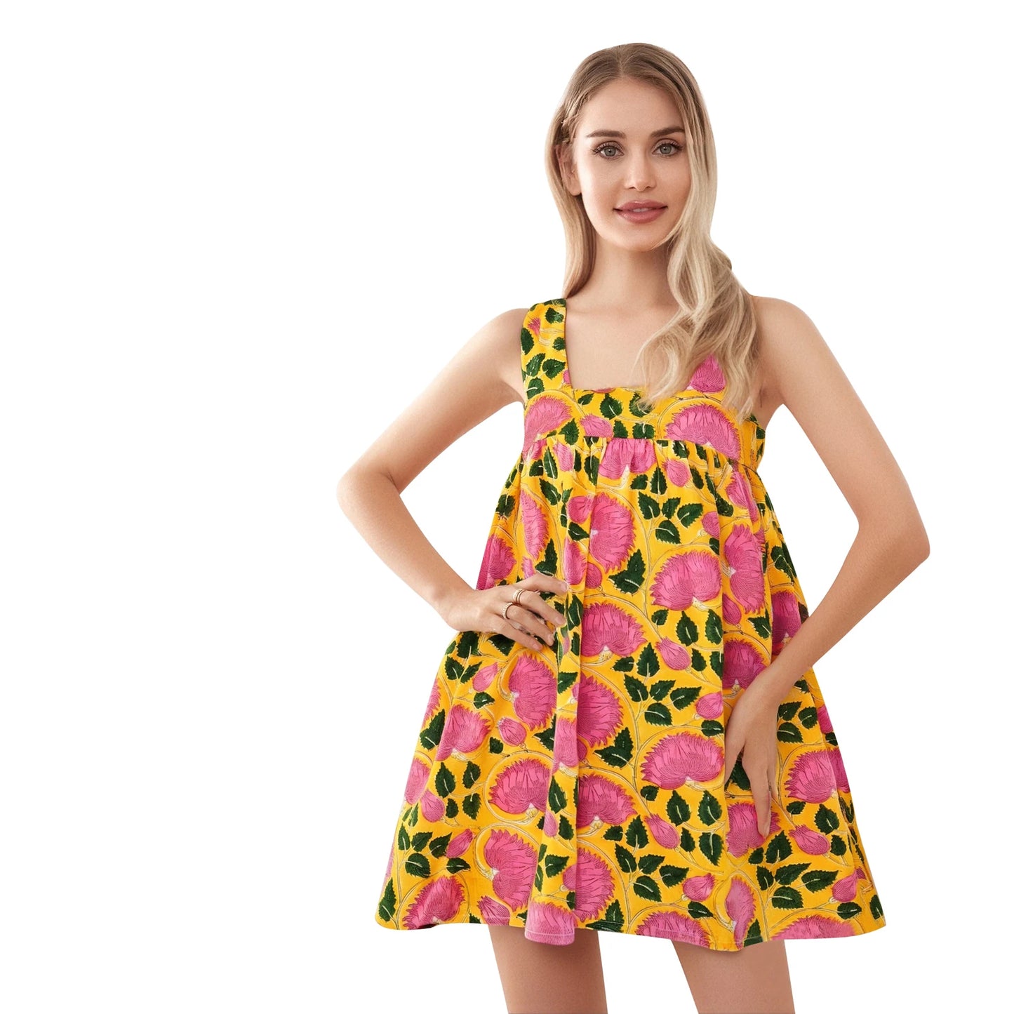 Women s Boho Floral Print Spaghetti Strap Maxi Dress with Ruffle Hem for Summer Vacation Beach Party Casual Wear Yellow United States