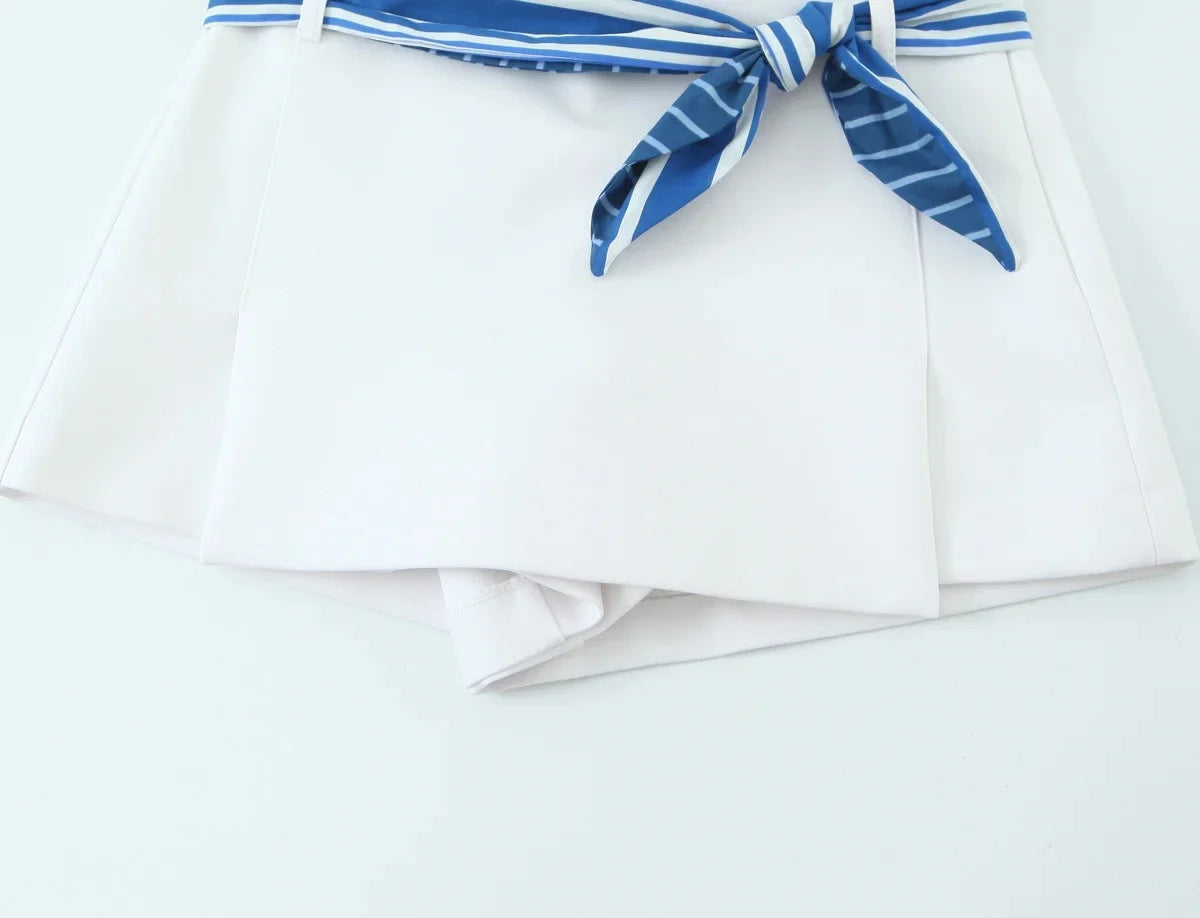 TRAFZA Sweet High Street Slim Lady Set Contrasting Colors Tops Or Belt Shorts 2025 Summer Fall Fashion Holiday Cute Shorts Set Badiee Stylez