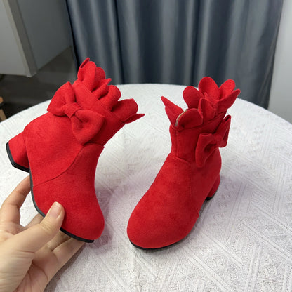 Spring Autumn Bow Girls Fashion Toddler Boots PU Leather Low Heel Kids Princess Boots Party Zip Children Ankle Baby Girl Shoes