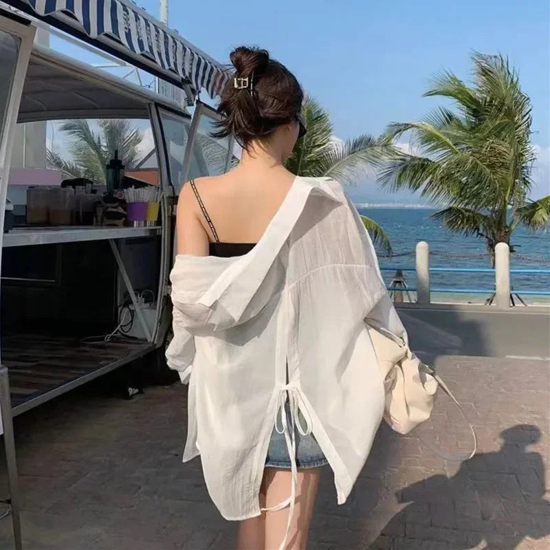 Thin Long Sleeve Sunscreen Shirt Woman Korean Fashion Back Split Lace Up White Shirts Women Casual Loose Holiday Beach Blouse