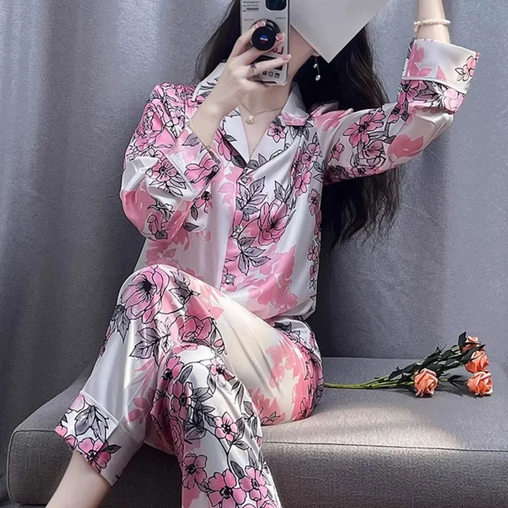 Korean Style Women's Two-piece Pajamas Sets Fashion Flower Print Faux Silk Satin Sleepwear Female Long Sleeve Pants Housewear