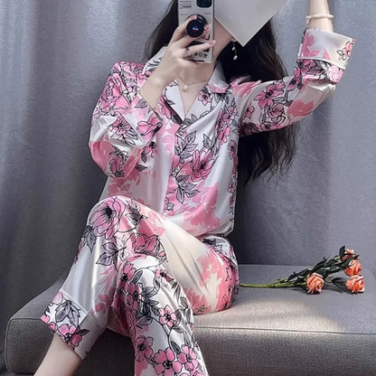 Korean Style Women's Two-piece Pajamas Sets Fashion Flower Print Faux Silk Satin Sleepwear Female Long Sleeve Pants Housewear
