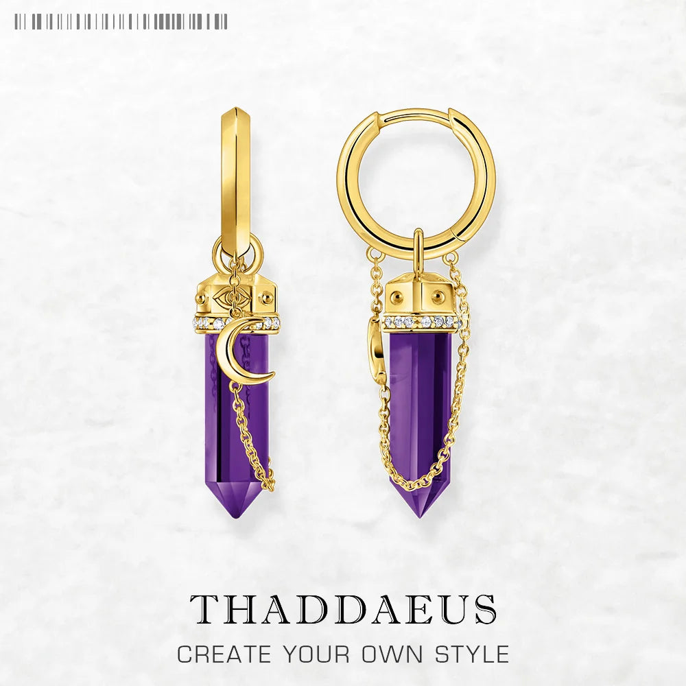 Gold Plated Hoop Earrings Moon with Imitation Amethysts Europe Fine Jewerly For Women Vintage Gift In Solid 925 Sterling Silver Default Title